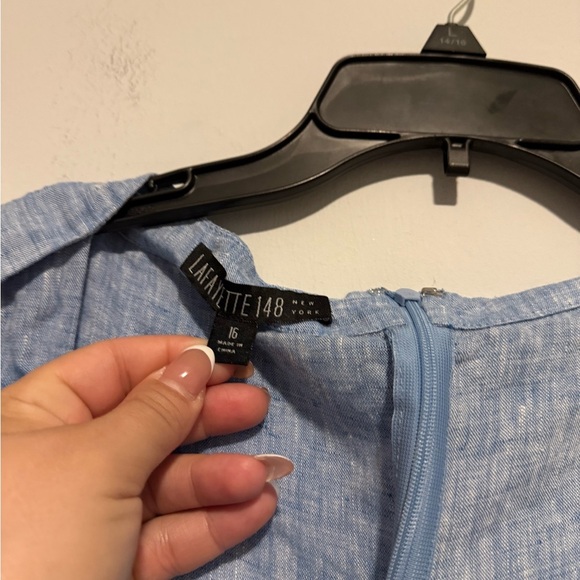 Lafayette 148 Beaded Linen Top Short  Sleeve Coastal V-neck Blouse Size 16 Blue - Picture 4 of 6